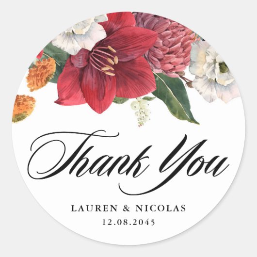 Botanical Amaryllis and Mums 結婚's Thank You ラウンドシール (正面)
