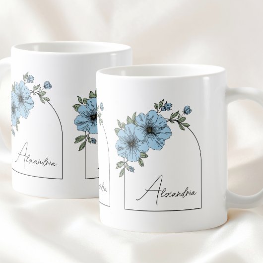 Botanical Arch Black Script Elegant Blue Floral コーヒーマグカップ