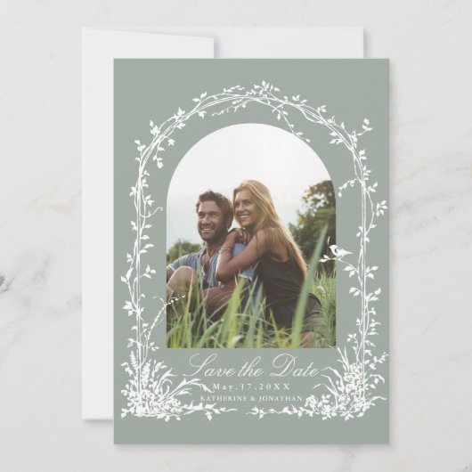 Botanical Arch Garden Sage Green Wedding Photo セーブザデート (正面)