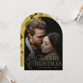 Botanical Arch Photo Gold Christmas Holiday Card 招待状