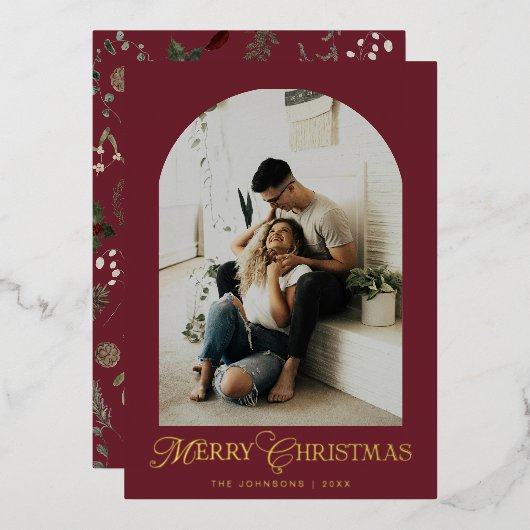 Botanical Arch Photo Gold Christmas Holiday Card 箔シーズンカード (正面/裏面)
