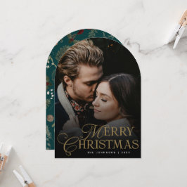 Botanical Arch Photo Green Christmas Holiday Card 招待状
