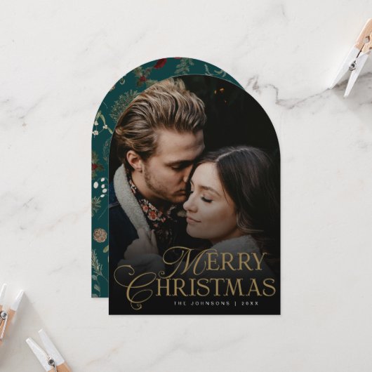 Botanical Arch Photo Green Christmas Holiday Card 招待状 (正面/裏面インサイチュ)