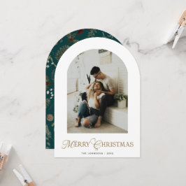 Botanical Arch Photo Green Christmas Holiday Card 招待状