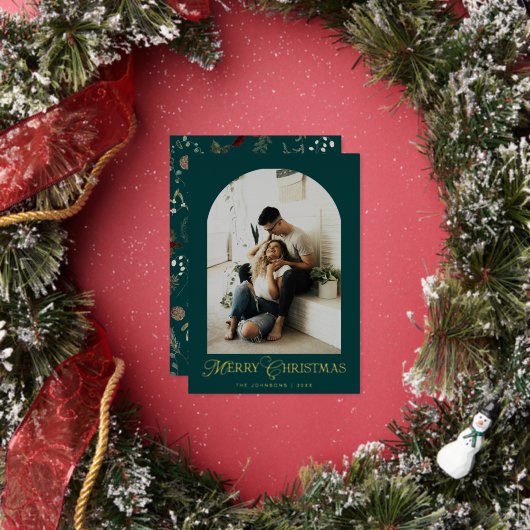Botanical Arch Photo Merry Christmas Holiday Card 箔シーズンカード (インサイチュ)
