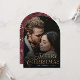 Botanical Arch Photo Red Christmas Holiday Card 招待状