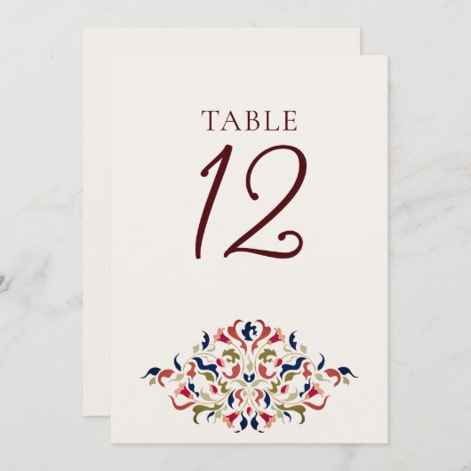 Botanical Art Floral Paisley Wedding Table Number 招待状 (正面/裏面)