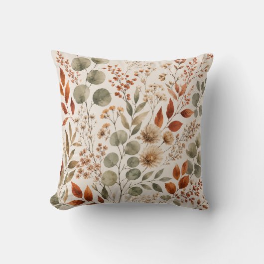 Botanical Autumn Floral Throw Pillow クッション (正面)