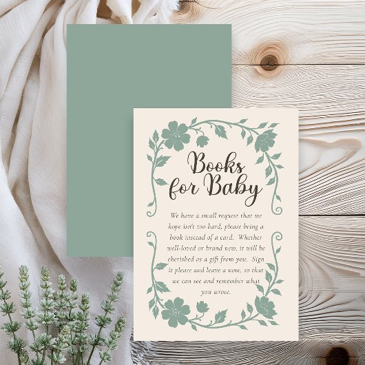 Botanical Baby Shower Book Request Card Sage エンクロージャーカード
