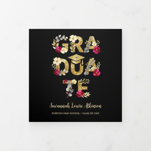 Botanical Black Gold Script 4 Photo Graduation 三つ折り案内状 (カバー)