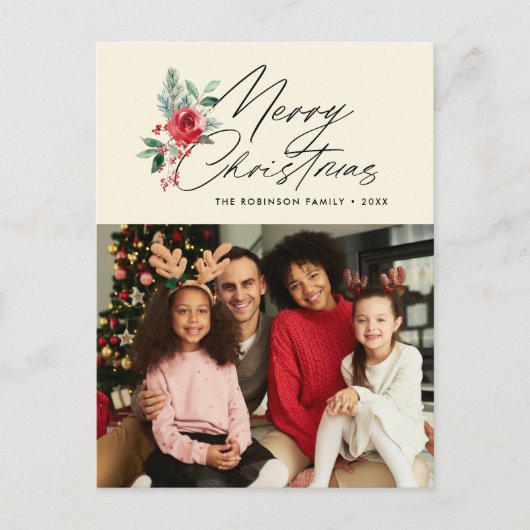 botanical black script christmas holiday card ポストカード (正面)