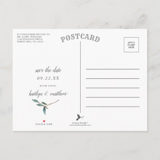 Botanical Blissの結婚写真は日付を保存 案内ポストカード (裏面)