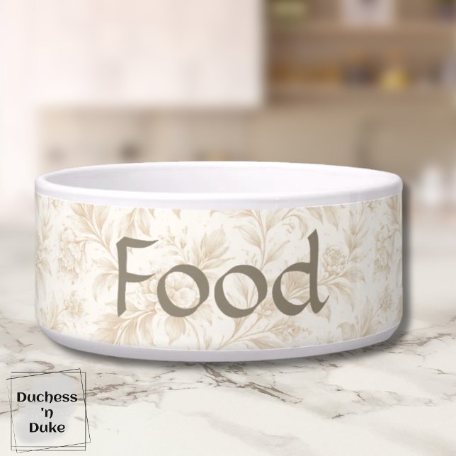 Botanical Bloom Pattern Soft Ivory Pet ボウル (Dog Food Bowl with ivory botanical design displayed on marble counter top)