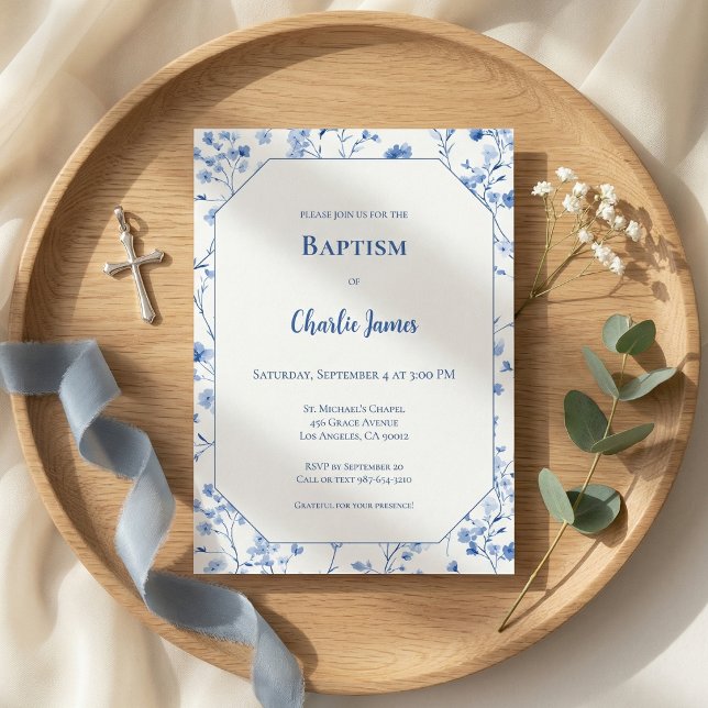 Botanical Blue Baptism Invitation (クリエイターアップロード済み)