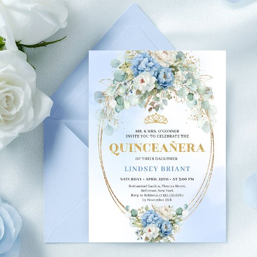 Botanical Blue Floral Quinceañera Invitation Gold 招待状