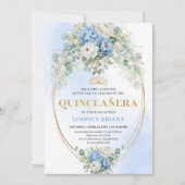 Botanical Blue Floral Quinceañera Invitation Gold 招待状 (正面)