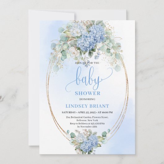 Botanical Blue Hydrangea Eucalyptus Baby Shower  招待状 (正面)