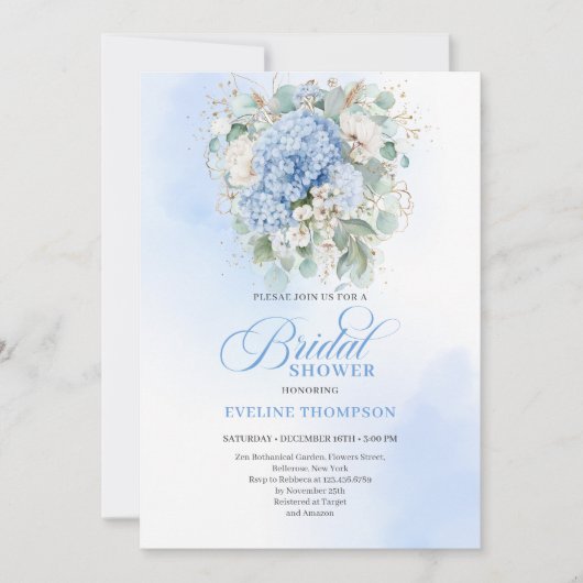 Botanical Blue Hydrangea Eucalyptus Shower Invitat 招待状 (正面)