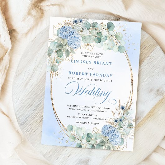 Botanical Blue Hydrangea Eucalyptus Wedding Invite 招待状