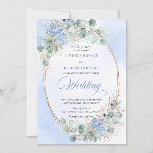 Botanical Blue Hydrangea Eucalyptus Wedding Invite 招待状 (正面)