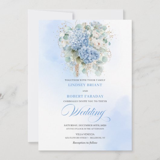 Botanical Blue Hydrangea Floral Wedding Invitation 招待状 (正面)