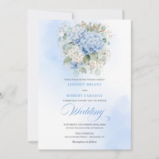 Botanical Blue Hydrangea Floral Wedding Invitation 招待状 (正面)