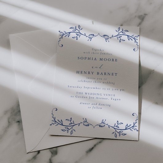 Botanical Blue Line Art Elegant Wedding 招待状