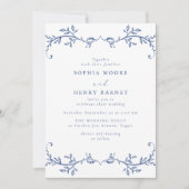 Botanical Blue Line Art Elegant Wedding 招待状 (正面)