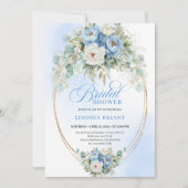 Botanical Blue Peony Eucalyptus Gold Bridal Shower 招待状 (正面)