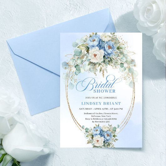 Botanical Blue Peony Eucalyptus Gold Bridal Shower 招待状
