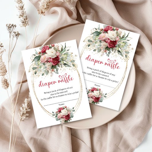Botanical Blush Burgundy Floral Diaper Raffle エンクロージャーカード