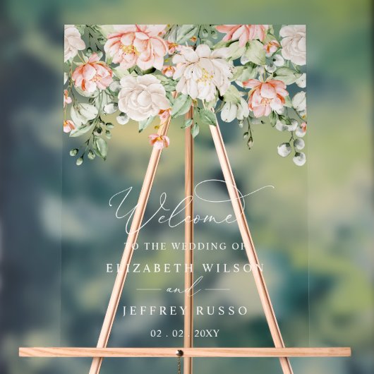 Botanical Blush Pink Floral Wedding Welcome Sign アクリルサイン (ニュートラル)