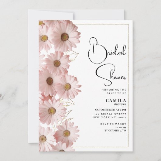 Botanical blush pink gold daisy Bridal Shower 招待状 (正面)
