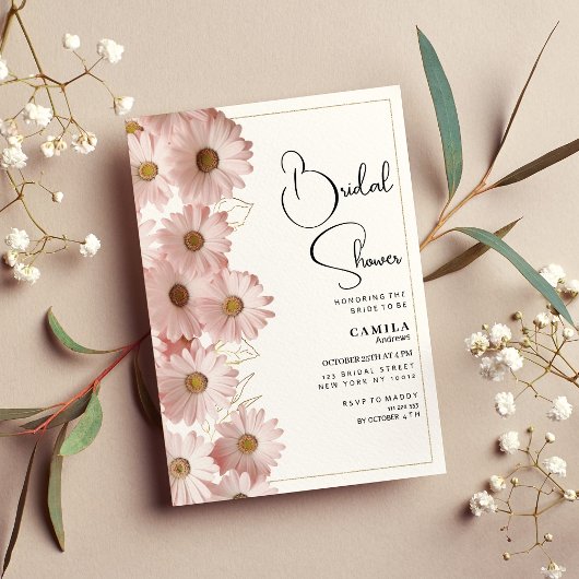 Botanical blush pink gold daisy Bridal Shower 招待状