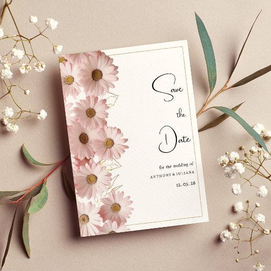 Botanical blush pink gold daisy Save the Date 招待状