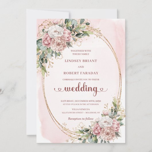 Botanical Blush Rose Gold Elegant Wedding Invites 招待状 (正面)