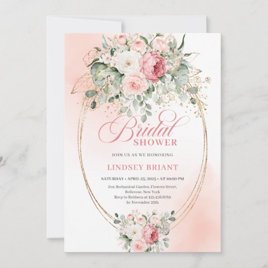 Botanical Blush Roses Bridal Shower Gold Invitatio 招待状 (正面)