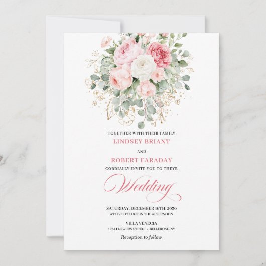 Botanical Blush Roses Gold Wedding Invitation 招待状 (正面)