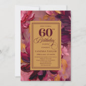 Botanical Boho 60th Birthday Burgundy Floral Gold 招待状 (正面)