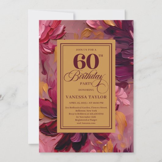 Botanical Boho 60th Birthday Burgundy Floral Gold 招待状 (正面)