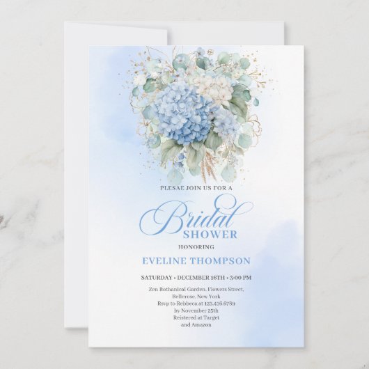 Botanical Boho Blue Floral Bridal Shower Invitatio 招待状 (正面)