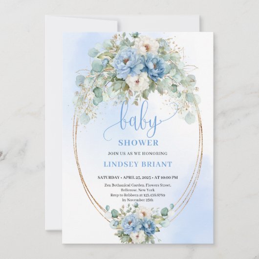 Botanical Boho Blue Flowers Eucalyptus Baby Shower 招待状 (正面)