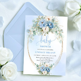 Botanical Boho Blue Flowers Eucalyptus Baby Shower 招待状