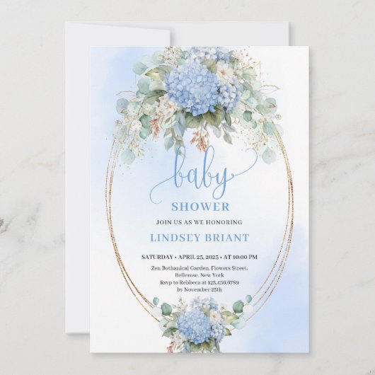 Botanical Boho Blue Hydrangea Baby Shower Invitati 招待状 (正面)