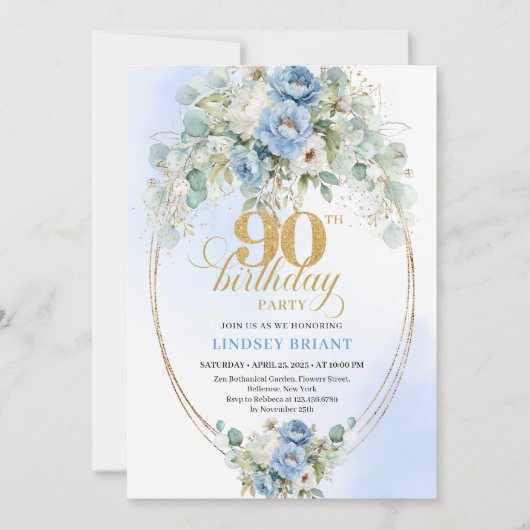 Botanical Boho Blue Peonies Eucalyptus Invitation 招待状 (正面)