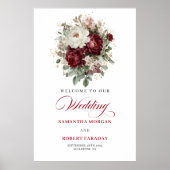 Botanical Boho Burgundy Floral Greenery Welcome  ポスター (正面)