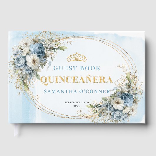 Botanical Boho Quince Guest Book Blue Gold Theme ゲストブック (正面)
