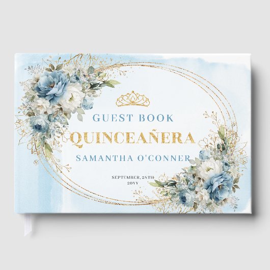 Botanical Boho Quince Guest Book Blue Gold Theme ゲストブック (正面)