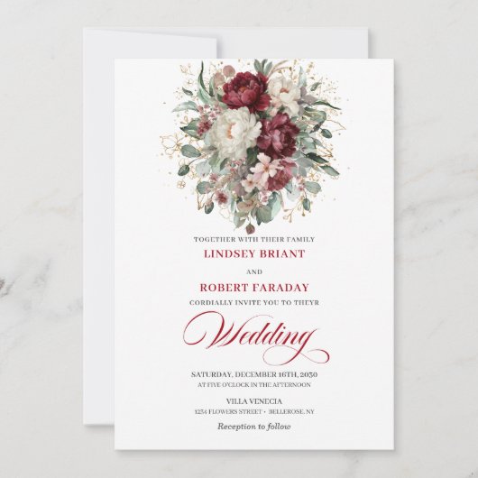 Botanical Burgundy and White Flowers Wedding Invit 招待状 (正面)
