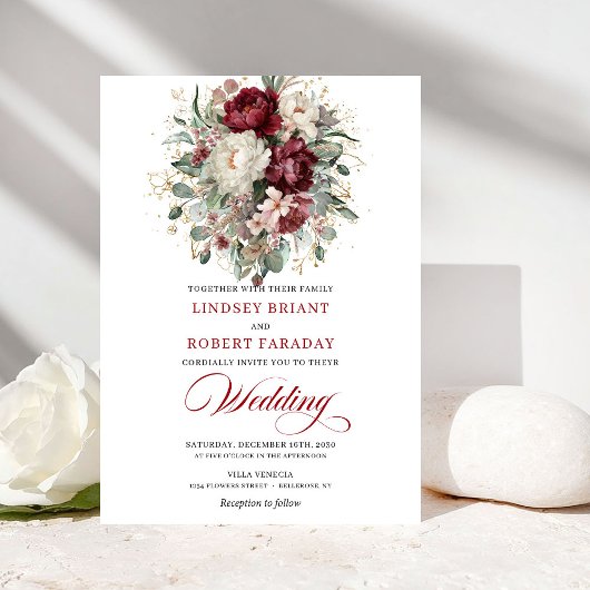Botanical Burgundy and White Flowers Wedding Invit 招待状